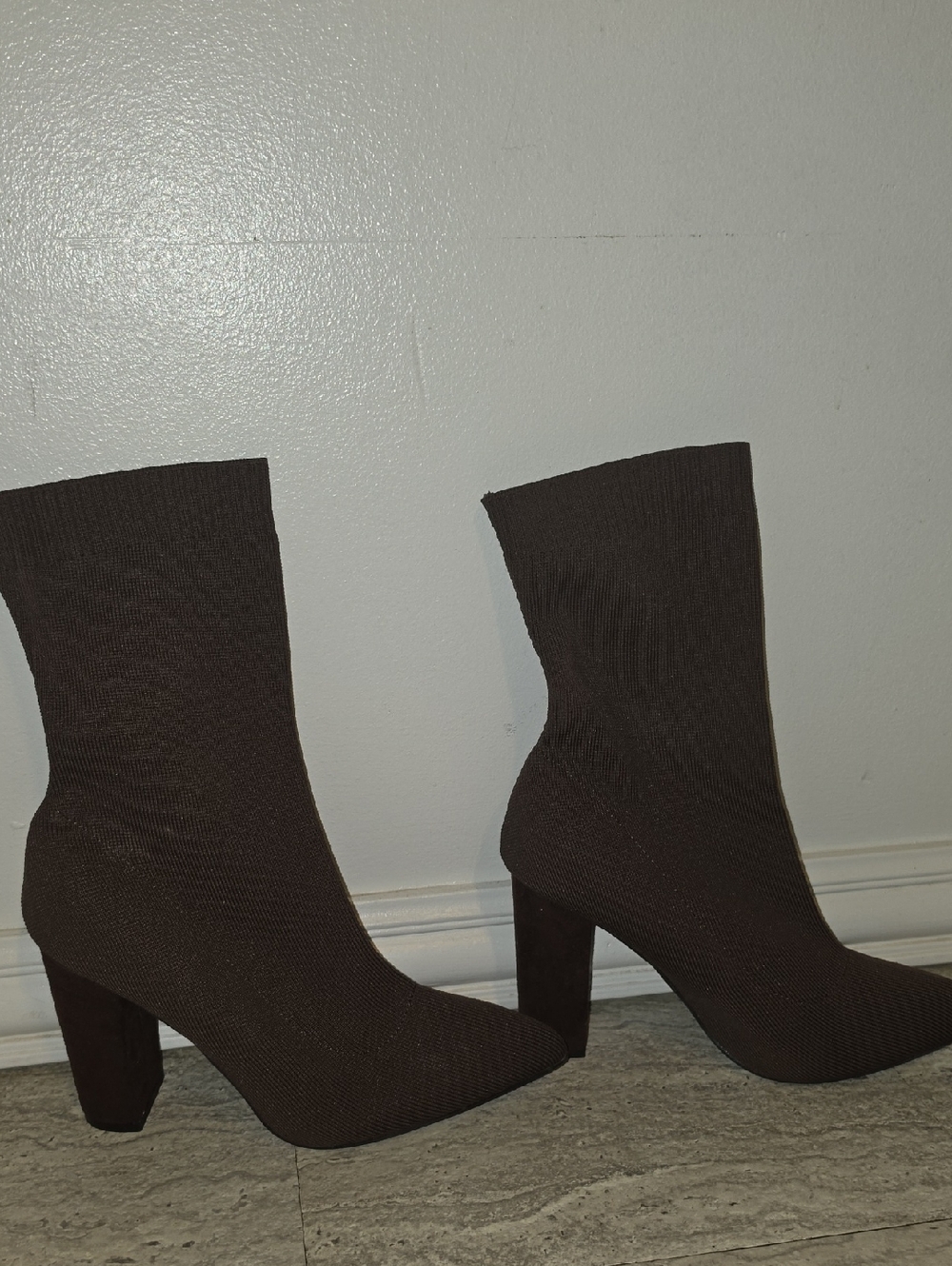SHEIN Dark Brown Stretch Knit Sock Booties with Block Heel
